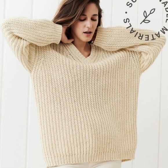 Jenni Kayne Cotton Cabin Sweater In Cream Long Sleeve Crewneck Size Large - Picture 3 of 10